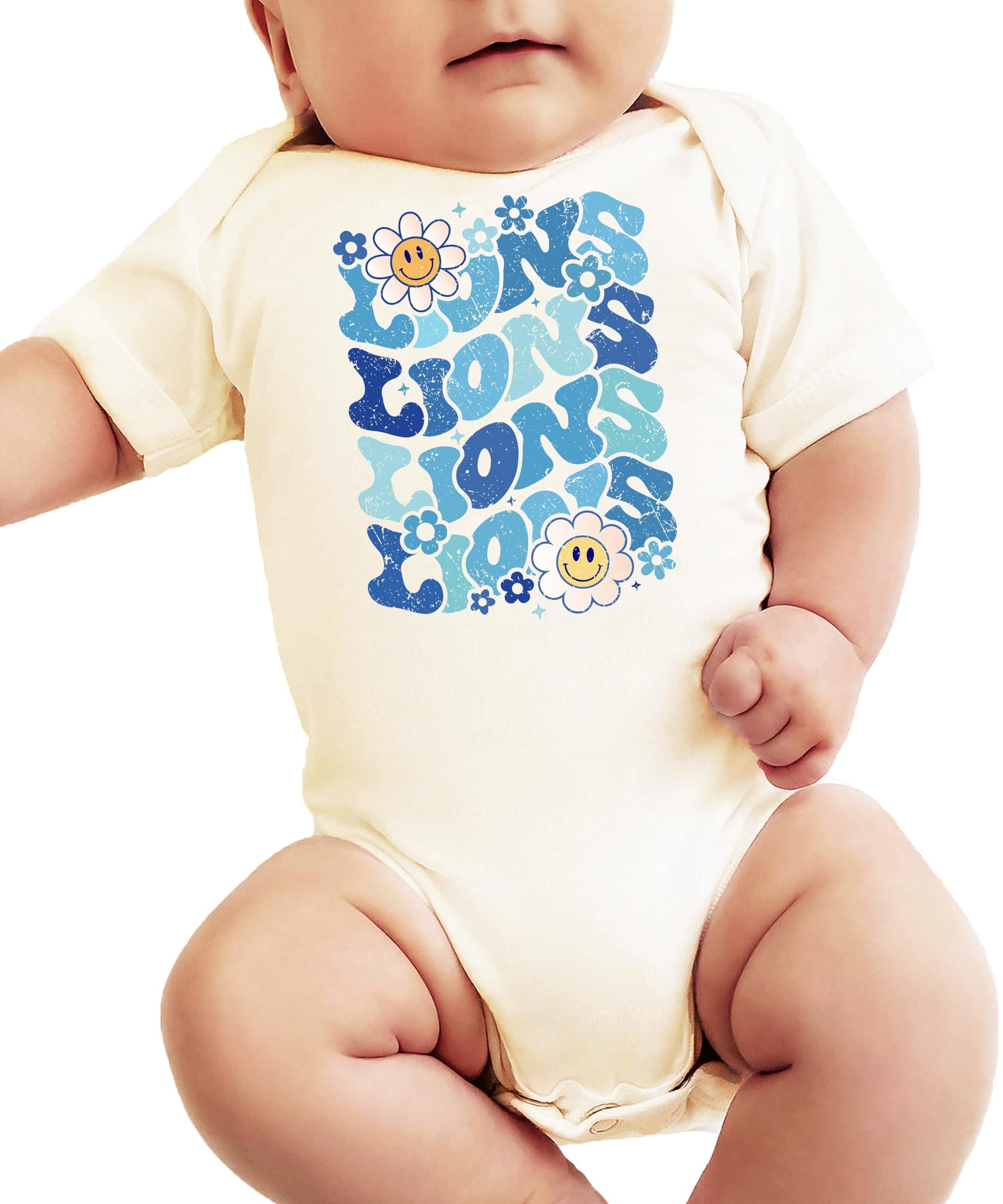 Blue Lions team spirit graphic tee on woman with mascot design