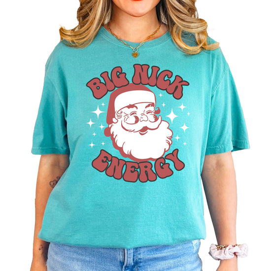Back or side view of Big Nick Energy funny Santa tee for women