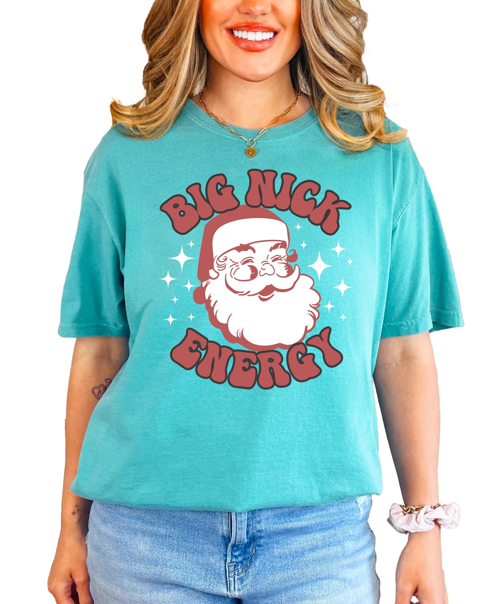Back or side view of Big Nick Energy funny Santa tee for women