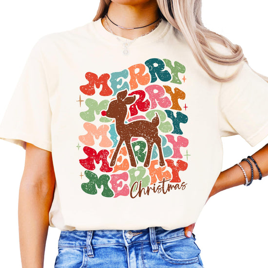 Women modeling retro Christmas reindeer shirt, casual holiday style perfect for festive gatherings
