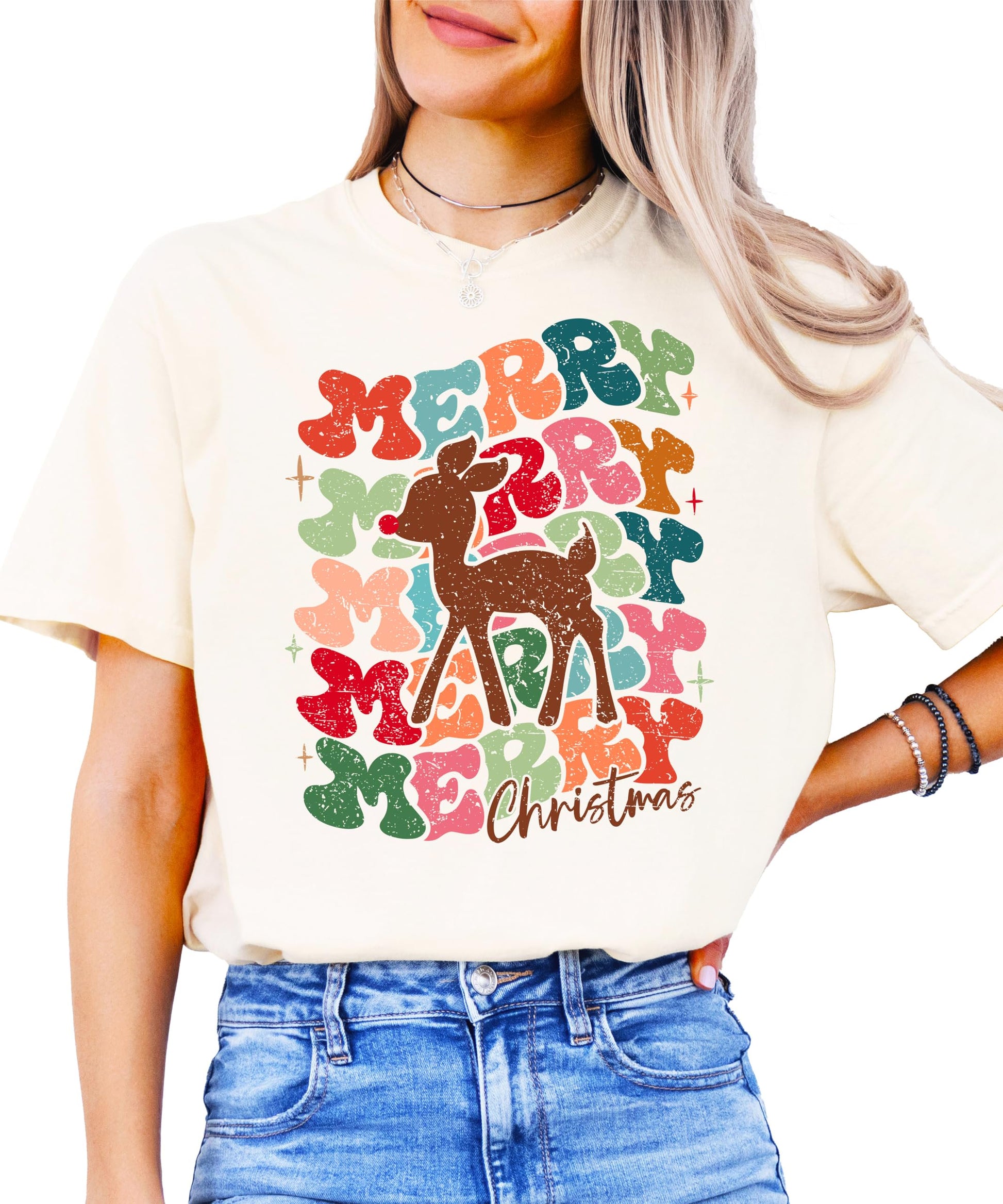 Women modeling retro Christmas reindeer shirt, casual holiday style perfect for festive gatherings