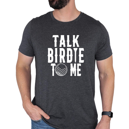 Close-up of Talk Birdie To Me golf humor graphic design on men's tee