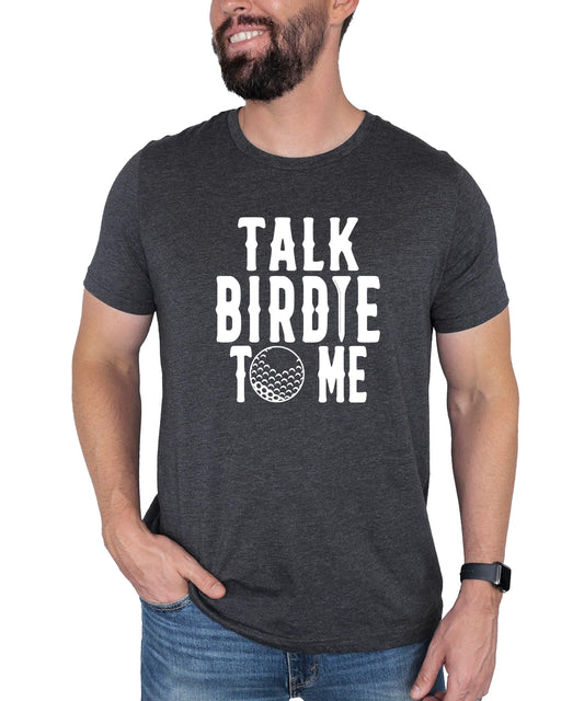 Close-up of Talk Birdie To Me golf humor graphic design on men's tee