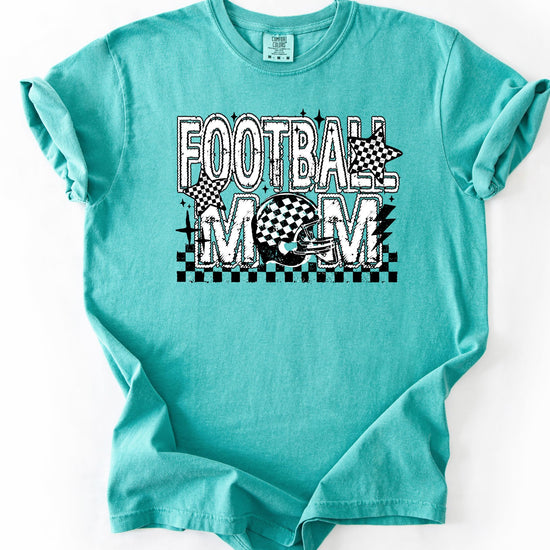 Flat lay of Football Mom women's graphic tee with checkered football helmet design