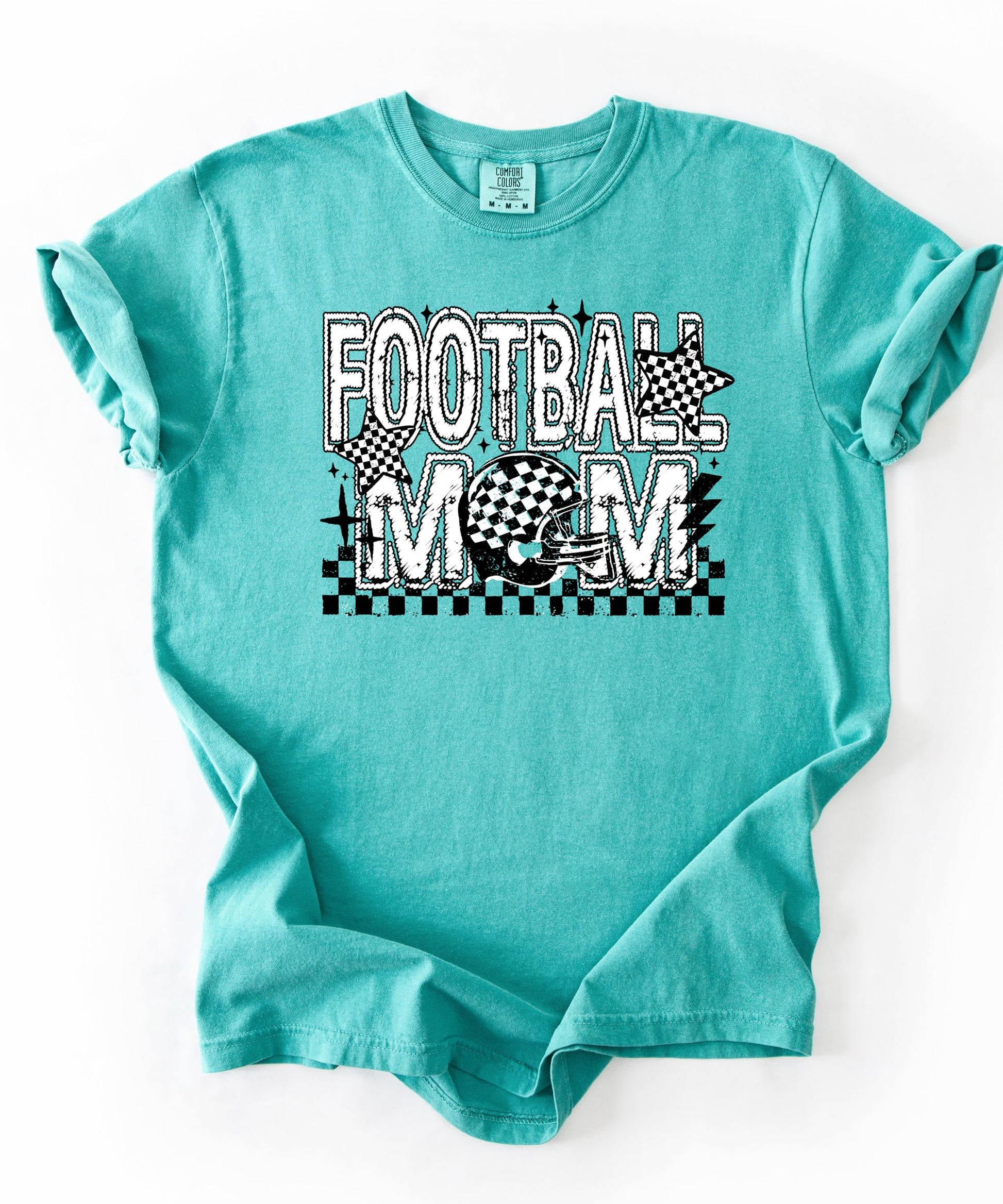 Flat lay of Football Mom women's graphic tee with checkered football helmet design