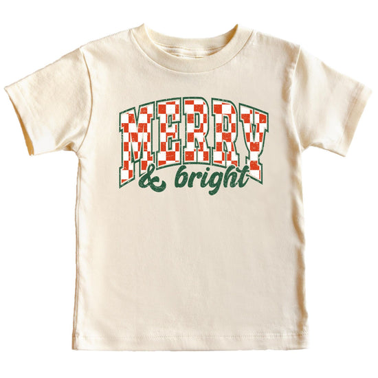 Merry and Bright retro check Christmas graphic tee in peach, youth size, flat lay view