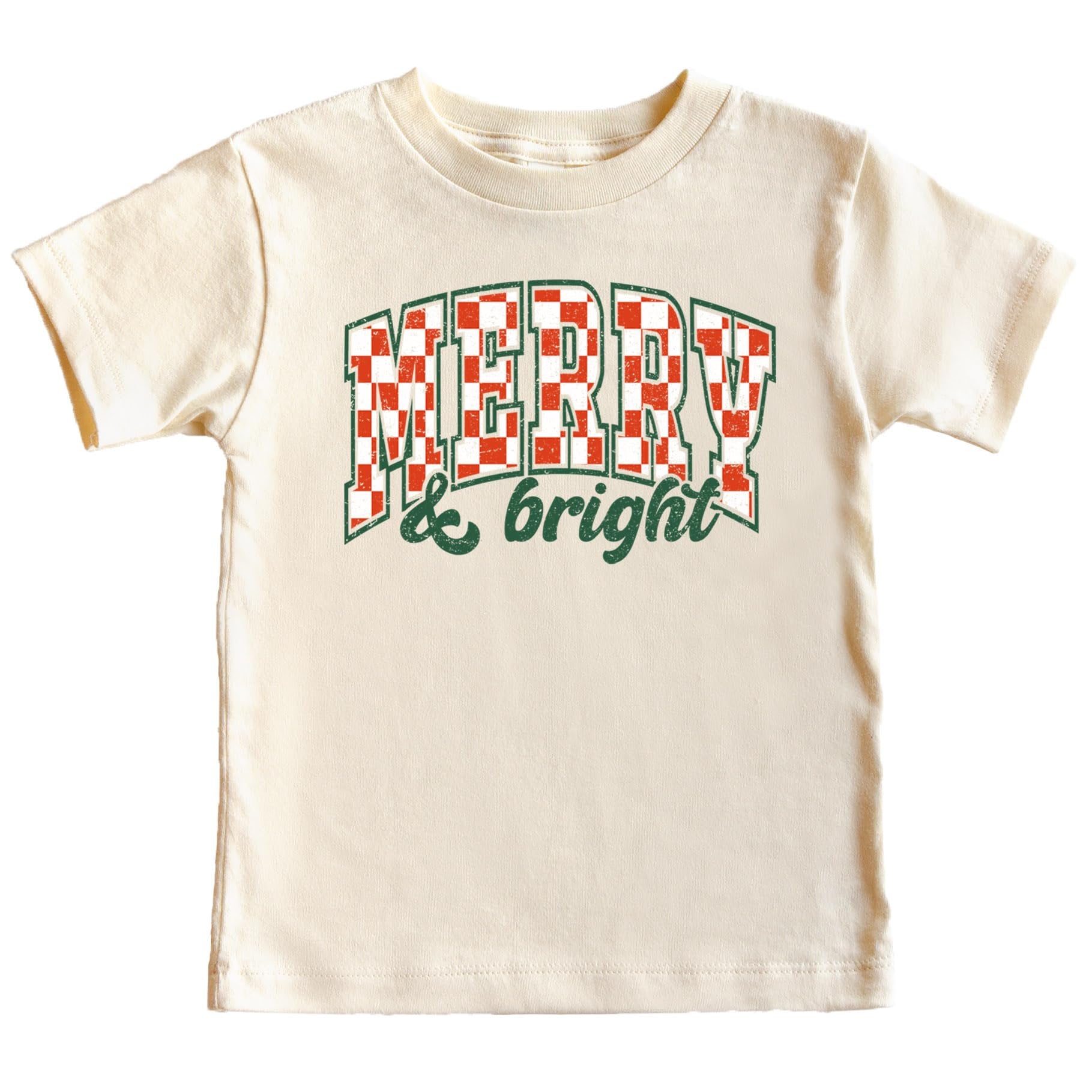 Merry and Bright retro check Christmas graphic tee in peach, youth size, flat lay view