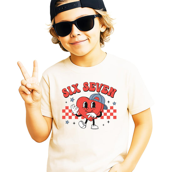 Kids checkered Valentine's Day heart graphic tee for boys or girls turning six or seven