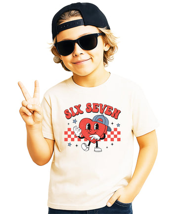 Kids checkered Valentine's Day heart graphic tee for boys or girls turning six or seven