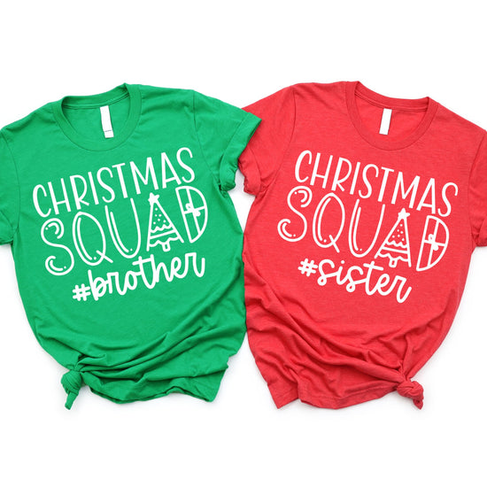 Christmas Squad matching family shirt laid flat showing full vintage red design