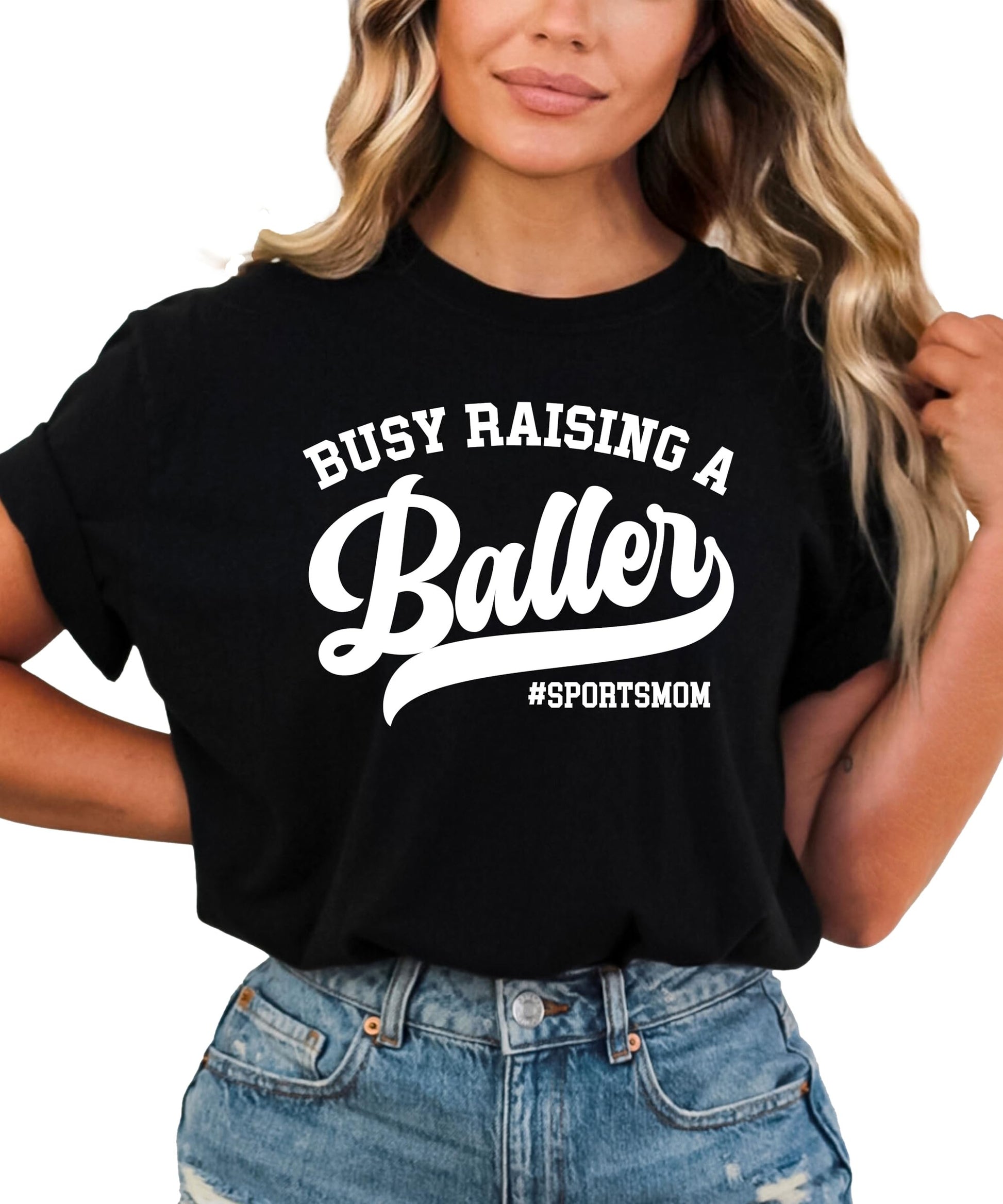 Sports mom graphic tee laid flat showing full front design on black shirt