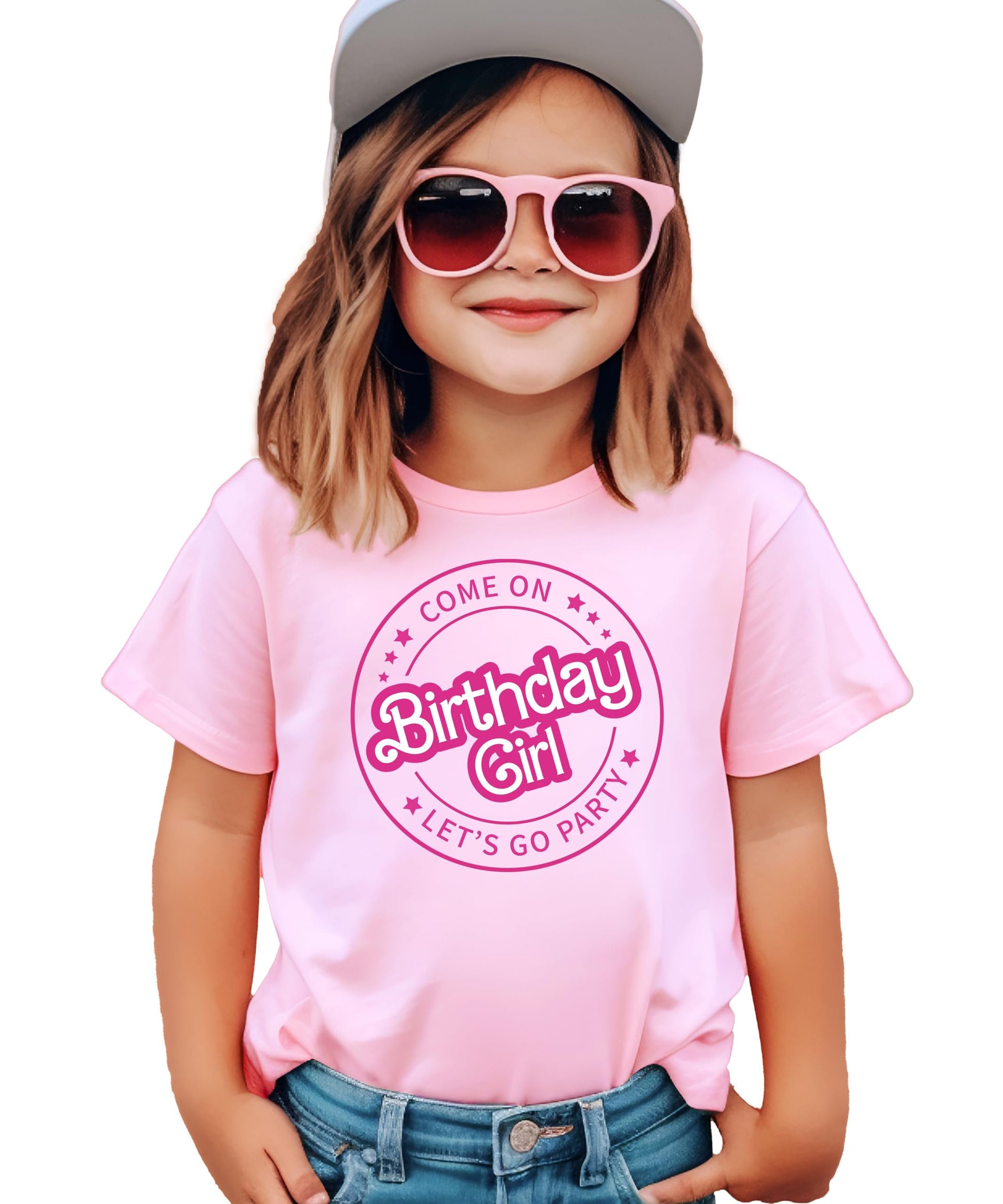 Flat lay of kids pink birthday girl graphic tee with retro party design