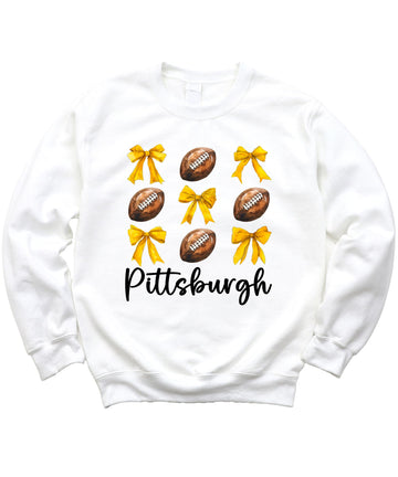Women modeling Pittsburgh black and yellow football bows pullover sweatshirt