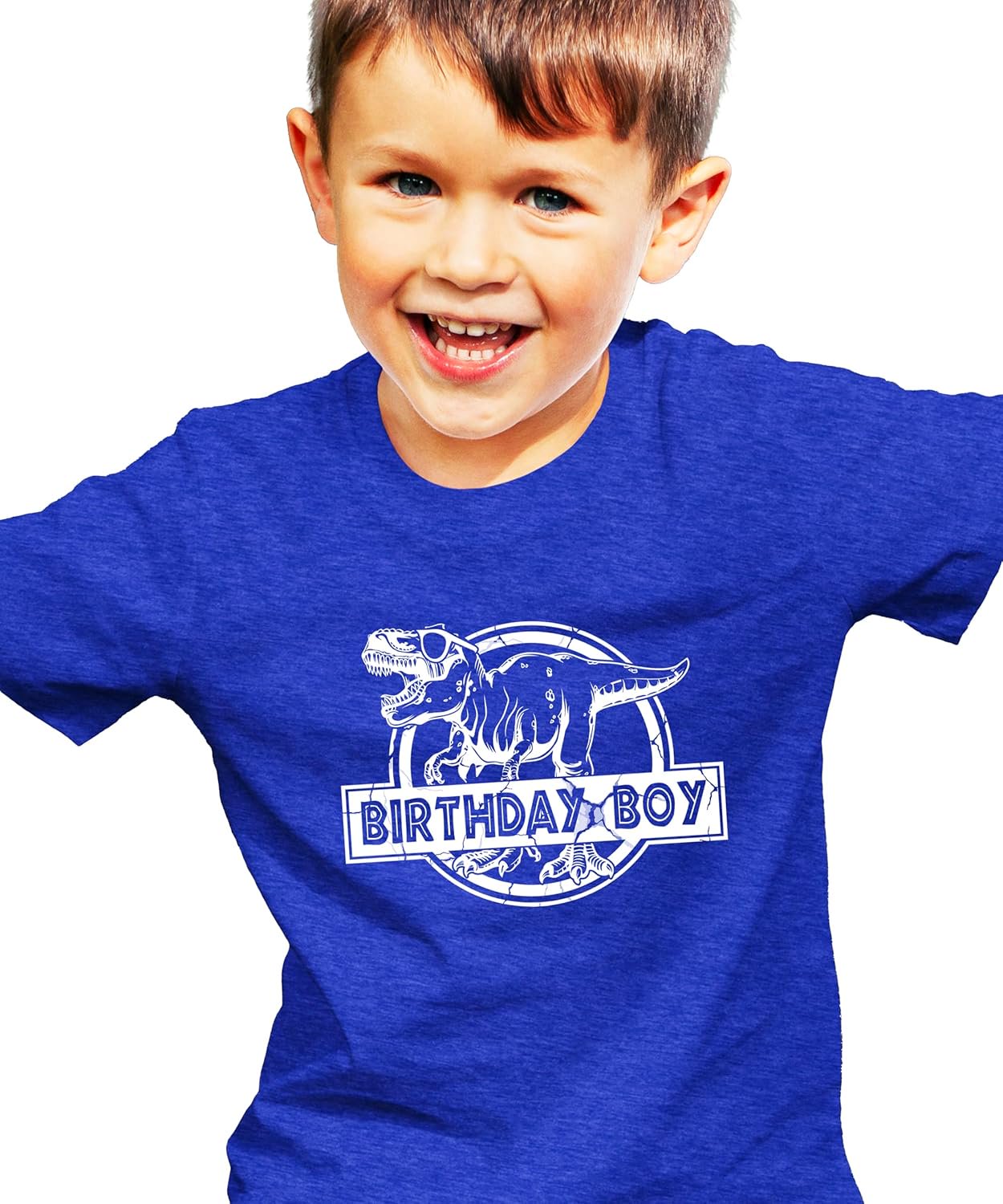 Kids wearing Birthday Boy dinosaur shirts in black and royal blue at birthday party