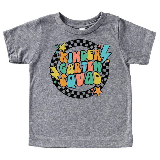 Kids first day of school shirt with retro lightning squad graphic design front view