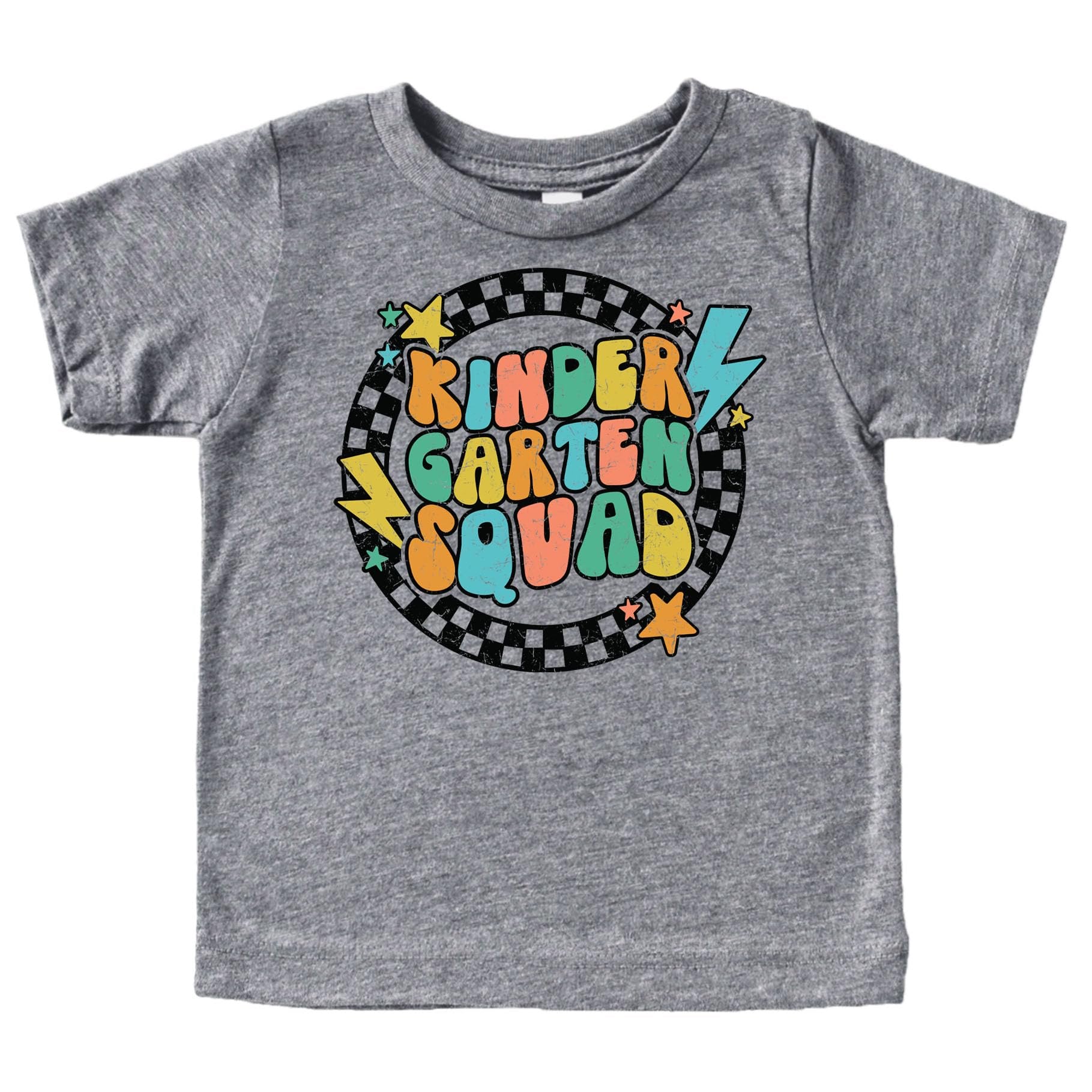 Kids first day of school shirt with retro lightning squad graphic design front view