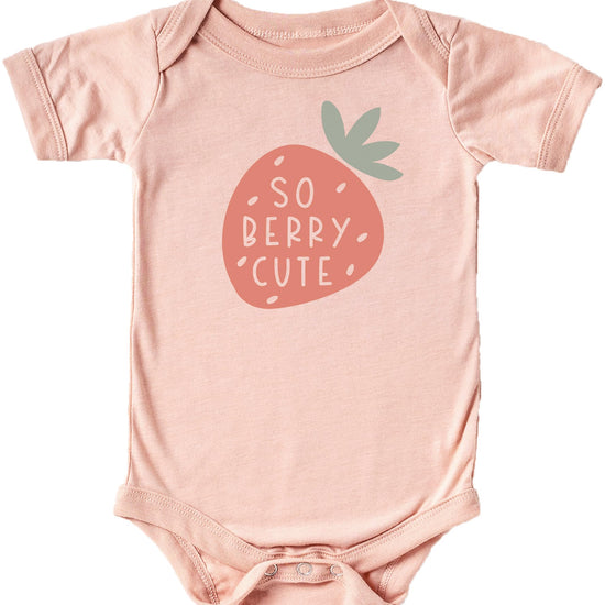 Front view of So Berry Cute baby bodysuit with strawberry design in white on military green