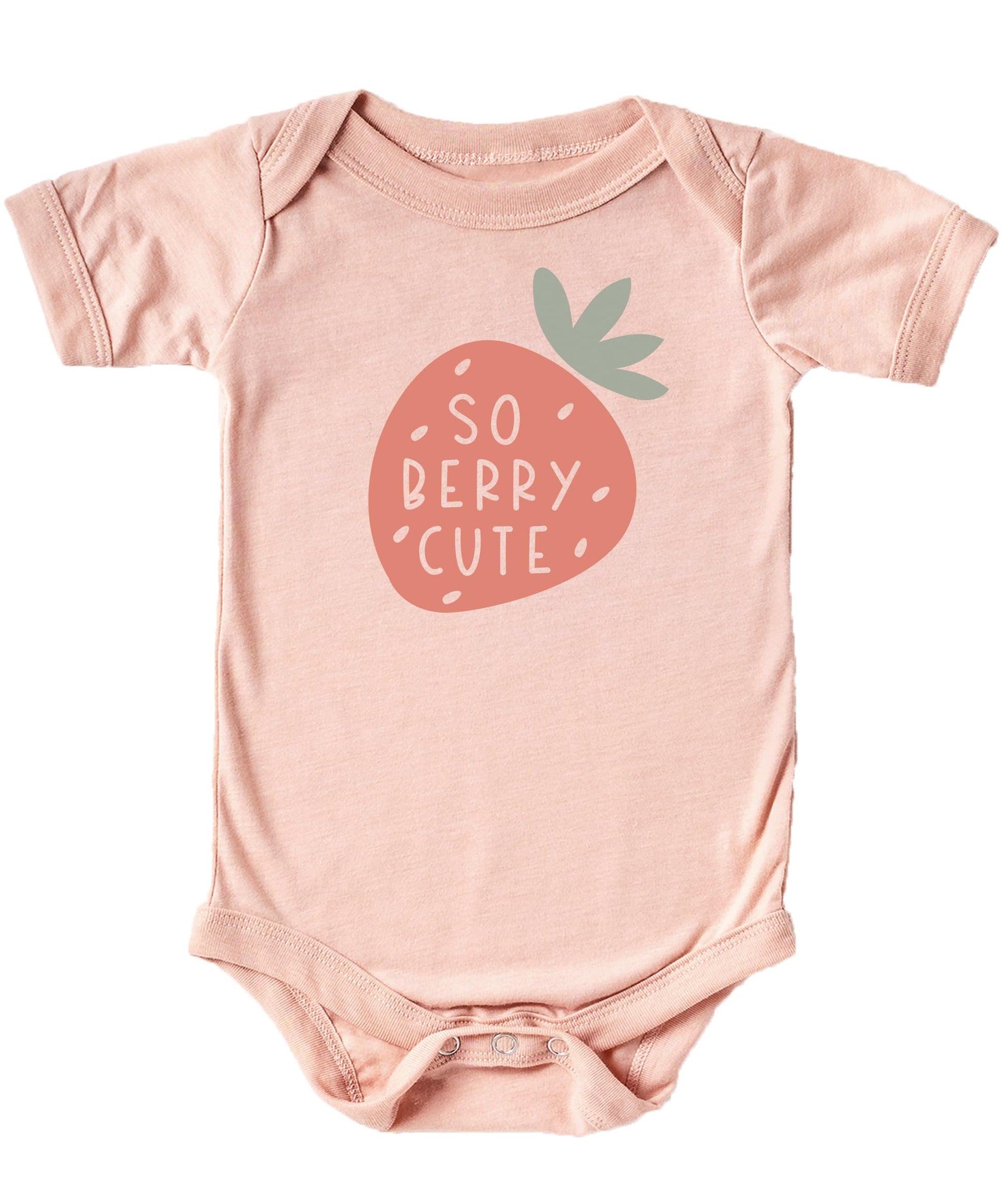 Front view of So Berry Cute baby bodysuit with strawberry design in white on military green