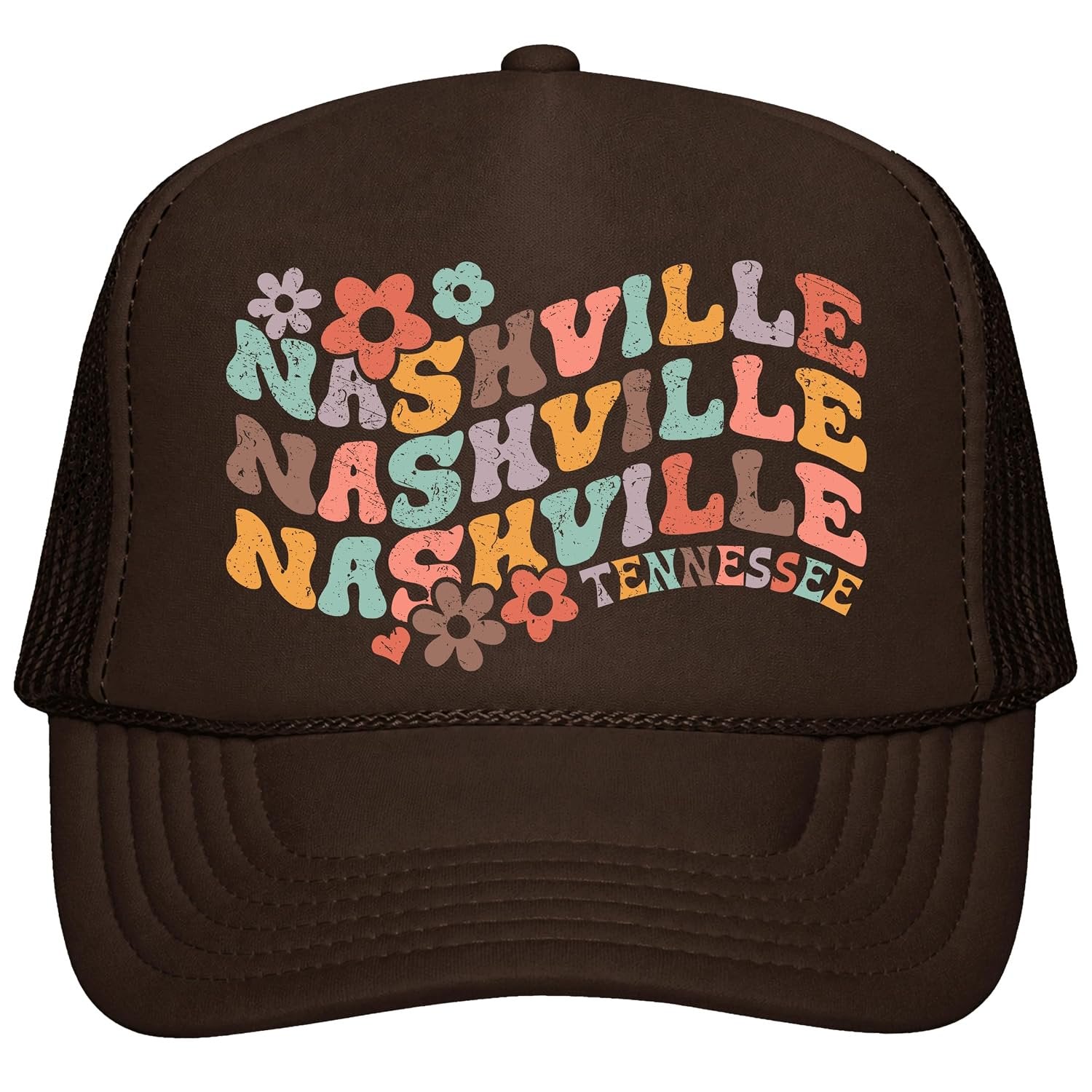 White foam front trucker hat with retro multicolor Nashville Tennessee lettering and daisy floral accents