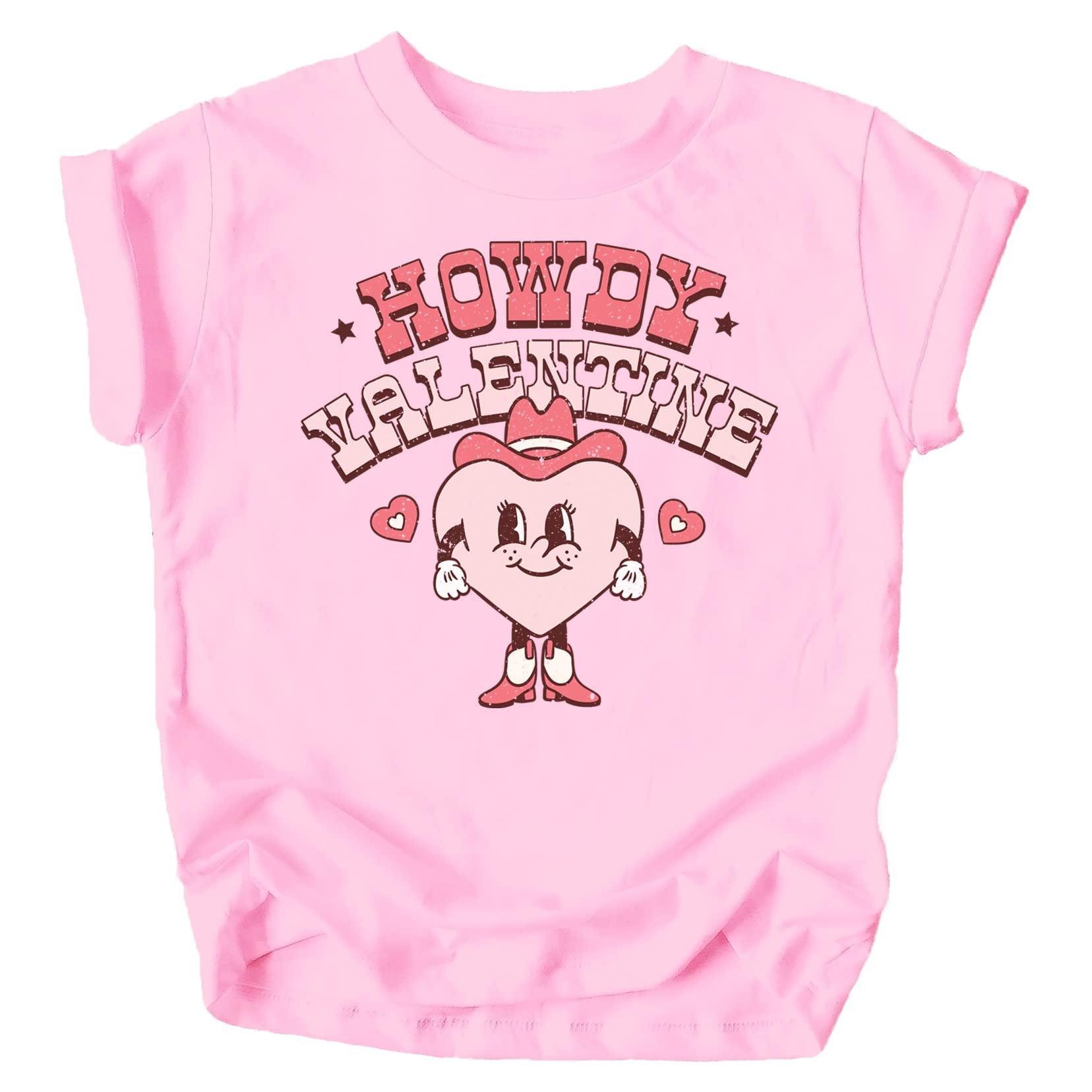 Close-up of Howdy Valentine western print on vintage pink Valentine's Day shirt