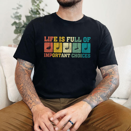 Close-up of sarcastic golfer shirt print featuring vintage-style golf clubs and funny quote