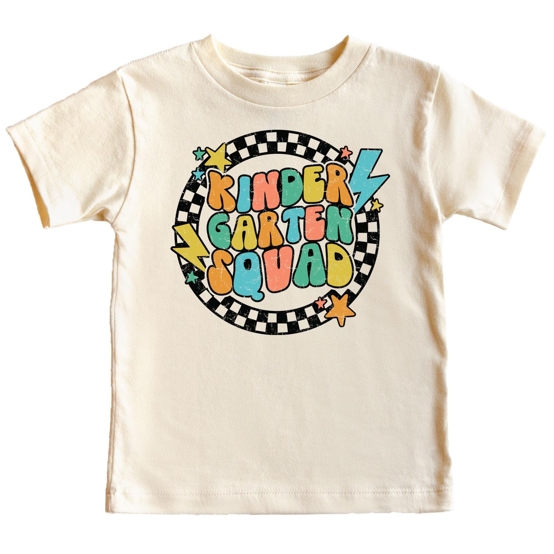 Boy or girl wearing kindergarten squad lightning tee for first day of school outfit