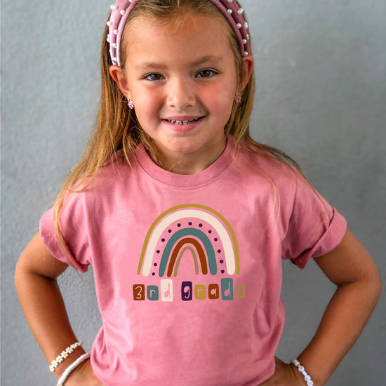 Child wearing pink 3rd grade rainbow first day of school shirt