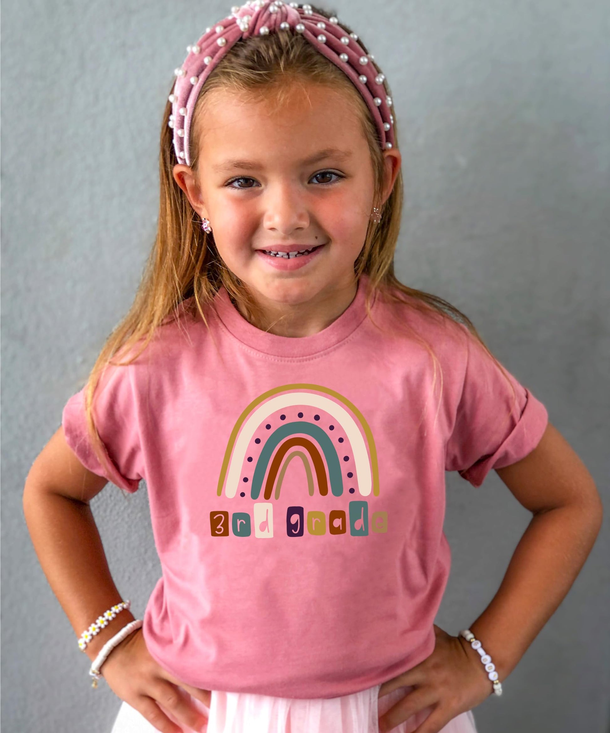 Child wearing pink 3rd grade rainbow first day of school shirt