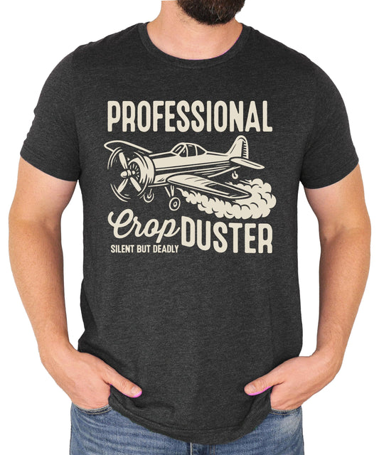 Professional Crop Duster Silent But Deadly funny men's t-shirt with airplane graphic on gray heather