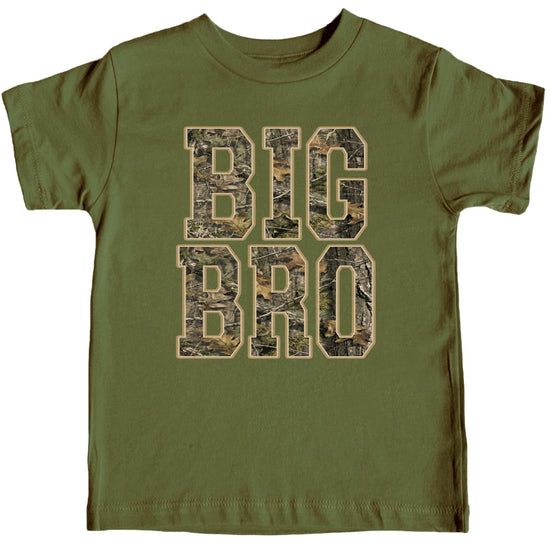 Front view of boys Big Bro camouflage shirt, ideal for sibling reveal and pregnancy announcement photos