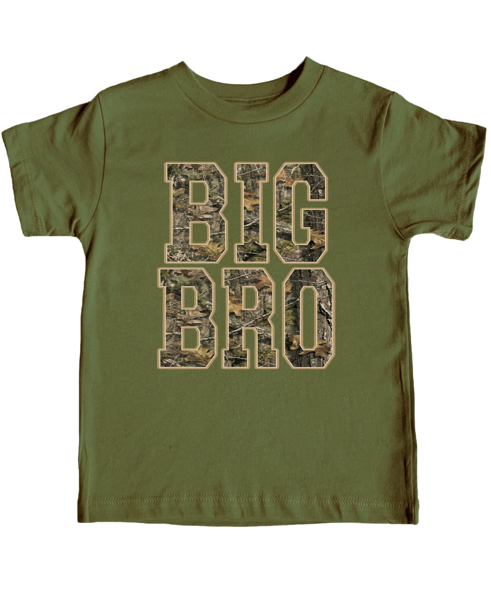 Front view of boys Big Bro camouflage shirt, ideal for sibling reveal and pregnancy announcement photos
