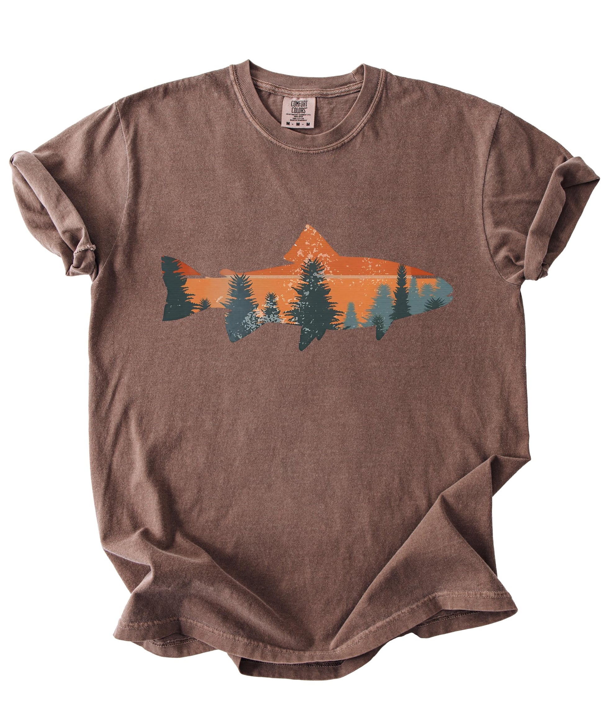 Lifestyle shot of person wearing seafoam trout fishing sunset graphic t-shirt