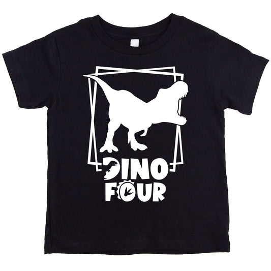 Close-up of white dinosaur four square birthday print on military green kids shirt
