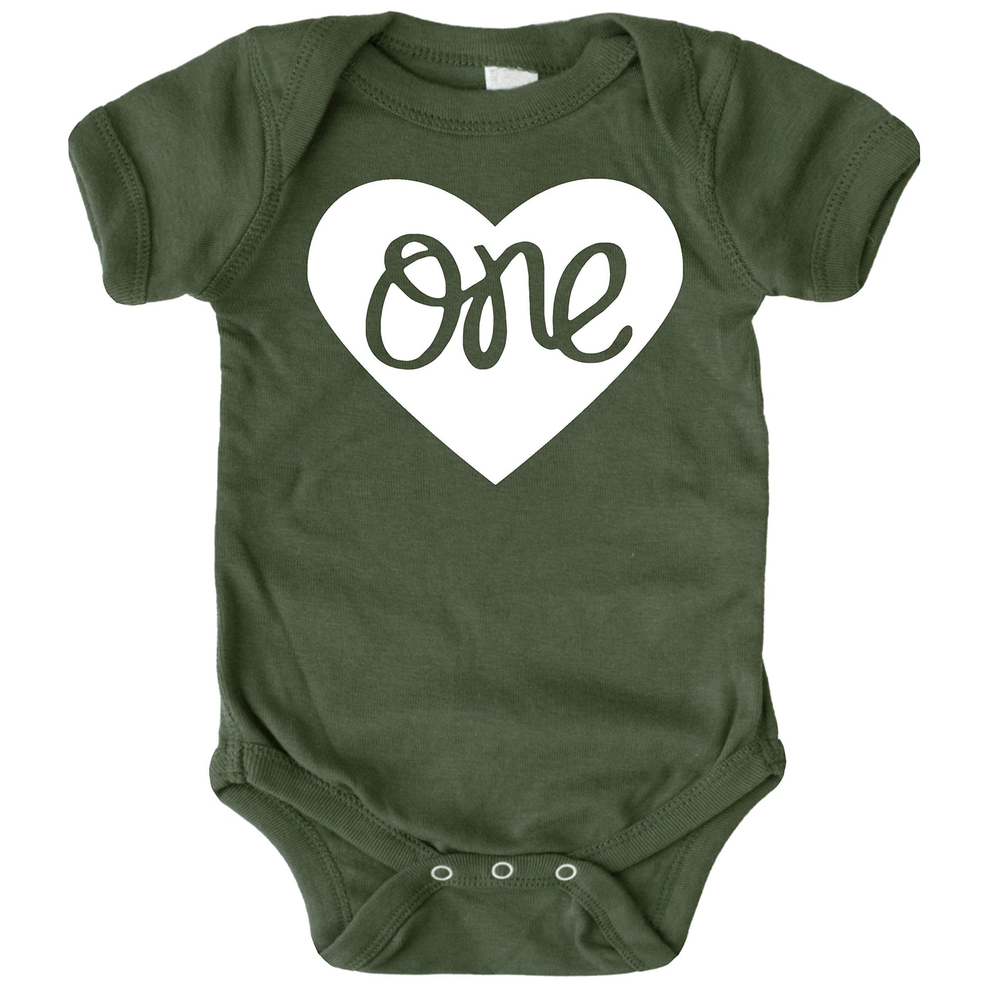 Baby girls first birthday bodysuit in military green with bold heart one graphic, flat lay view