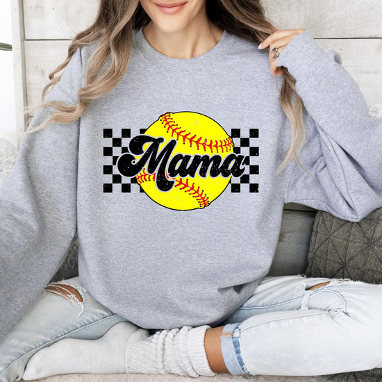Woman wearing Softball Mama sweatshirt, perfect for gameday and sports moms