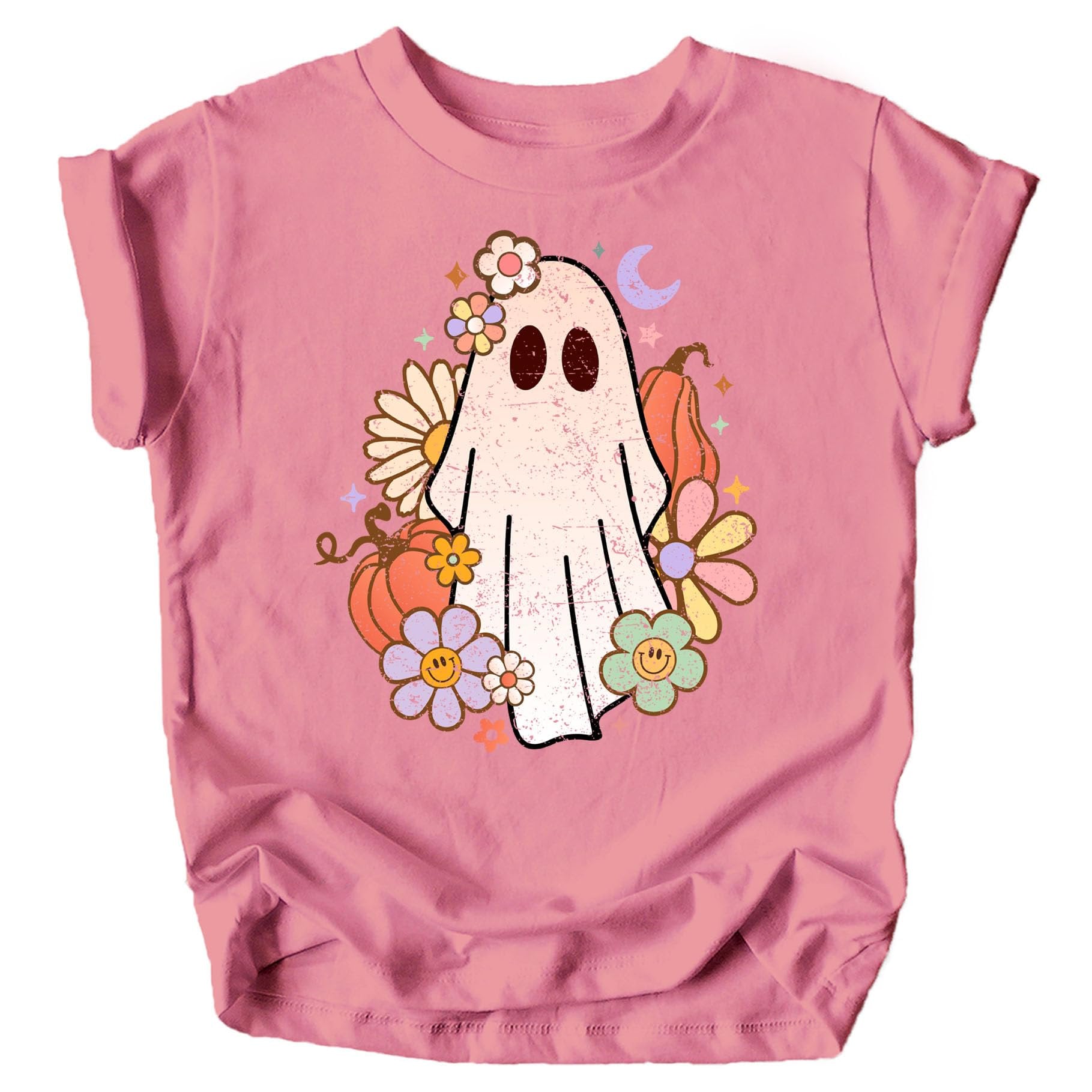 Groovy ghost Halloween graphic tee for toddler girls in purple, featuring a retro-style ghost design