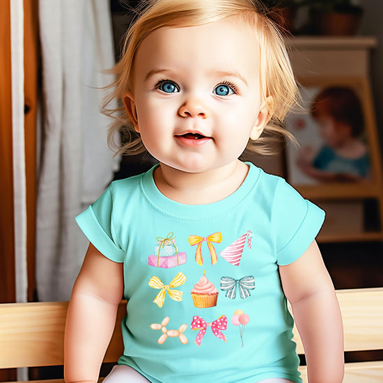 Back or detail view of pink coquette birthday graphic tee for toddlers and girls by Olive Loves Apple