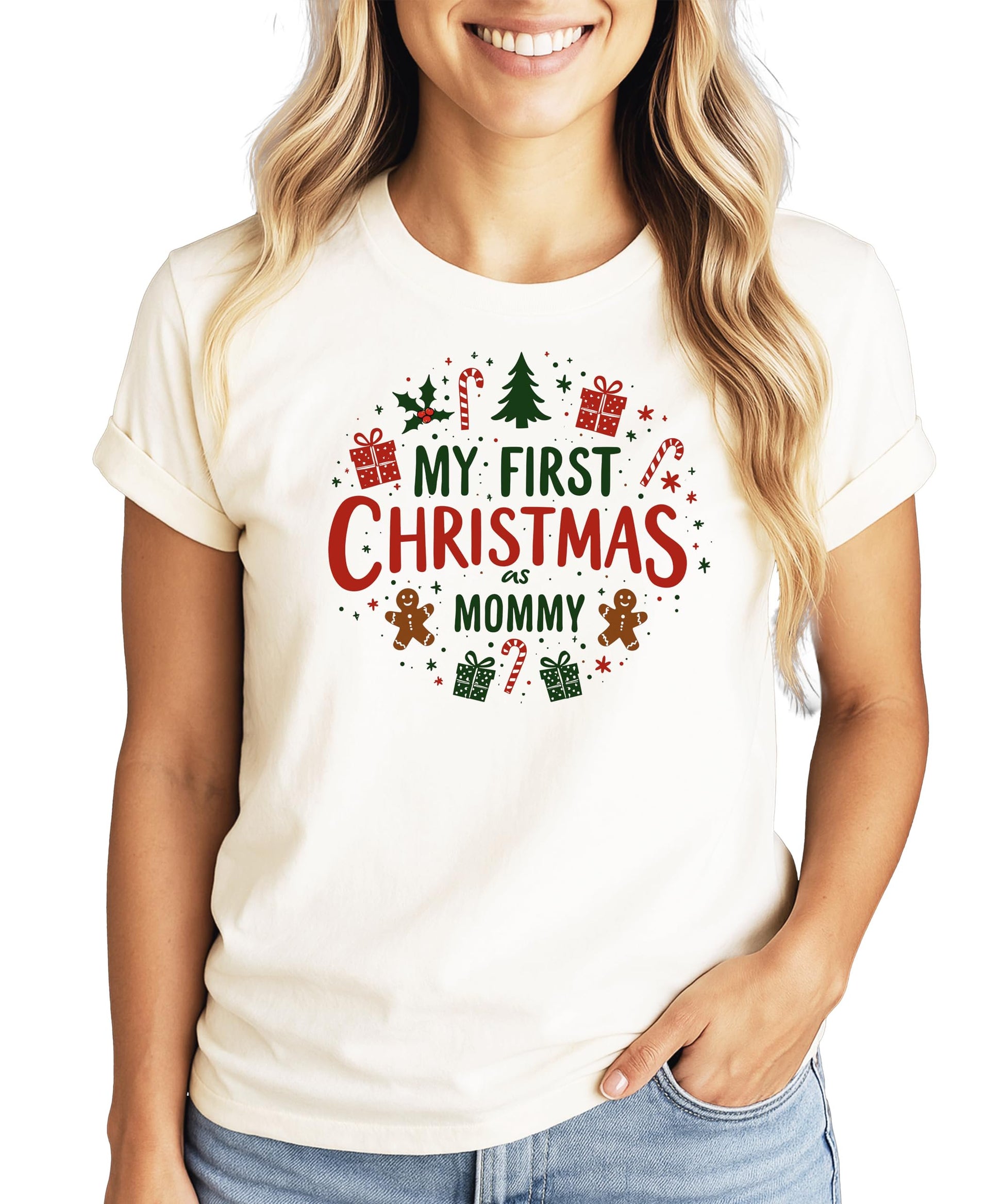 Mom and baby wearing matching My First Christmas graphic tees for holiday photos