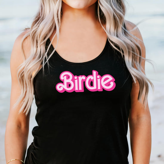 Olive Loves Apple Pink Birdie golf tank top styled on a model, casual look