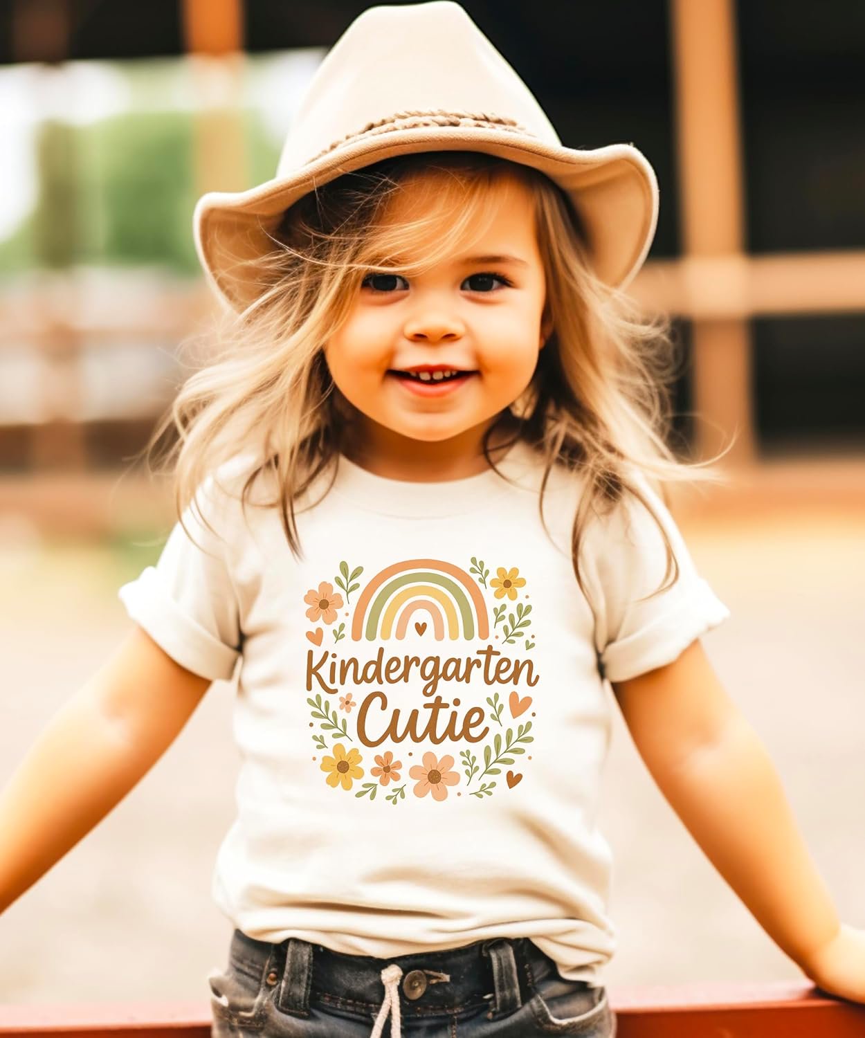 Young girl wearing Kindergarten Cutie boho floral graphic tee on first day of school