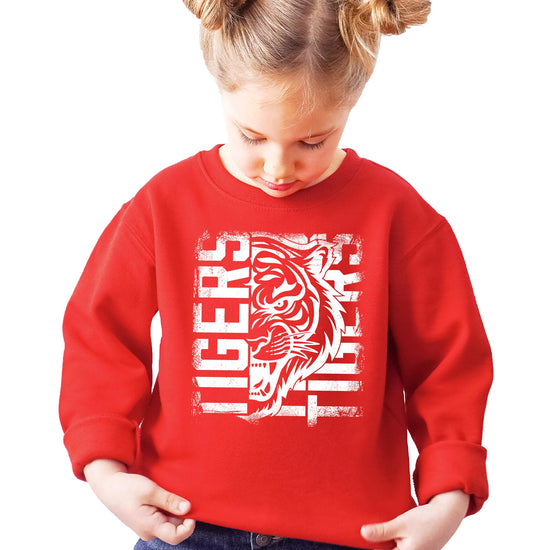 Close-up of Tigers mascot sweatshirt showing high-quality print detail and fabric texture