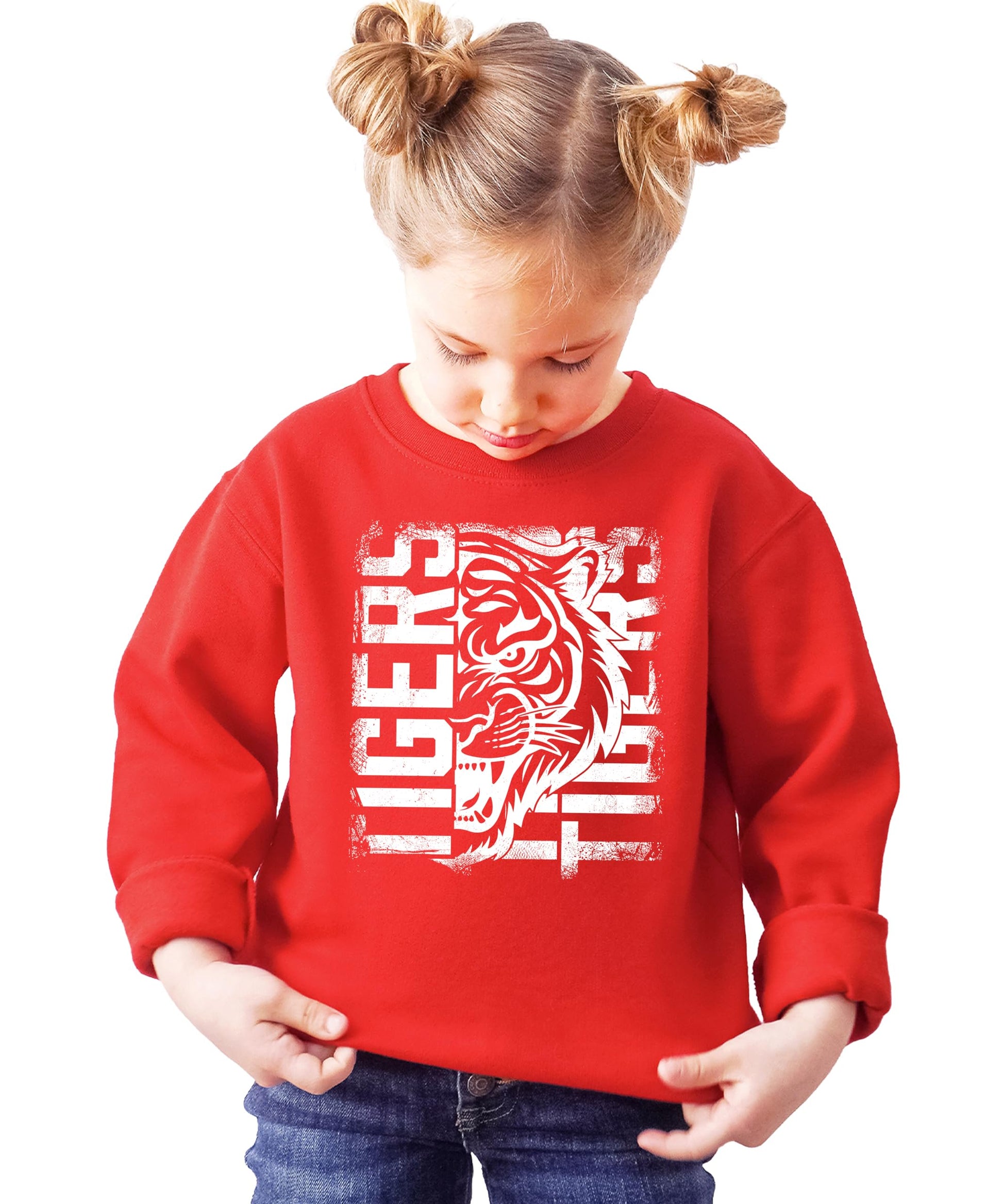 Close-up of Tigers mascot sweatshirt showing high-quality print detail and fabric texture