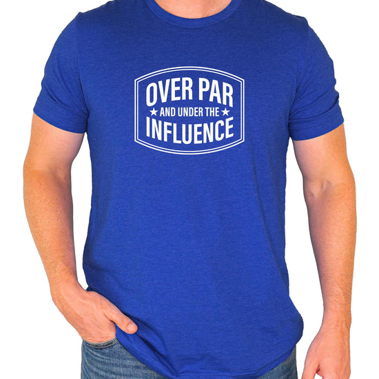 Close-up of Over Par and Under the Influence humorous golf shirt print detail