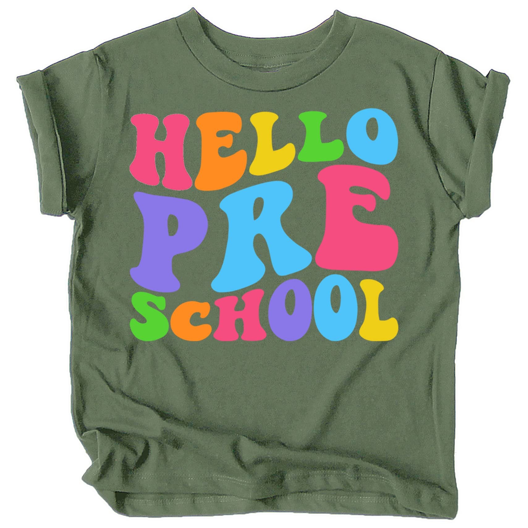 Front view of Hello Preschool purple graphic shirt with wavy text design