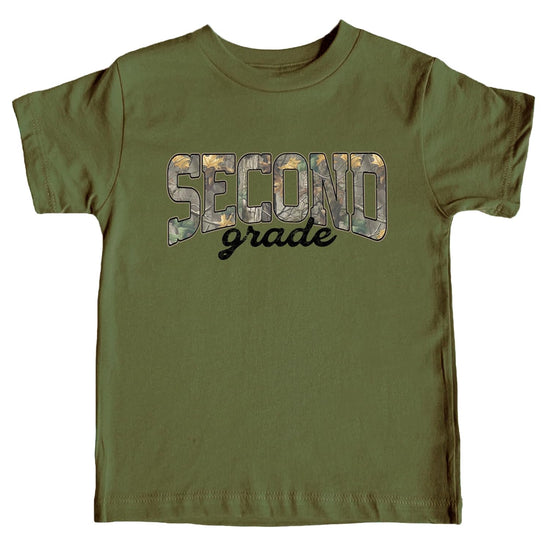 Kids second grade woodland camo graphic tee with bold SECOND grade lettering in green leaf camo print