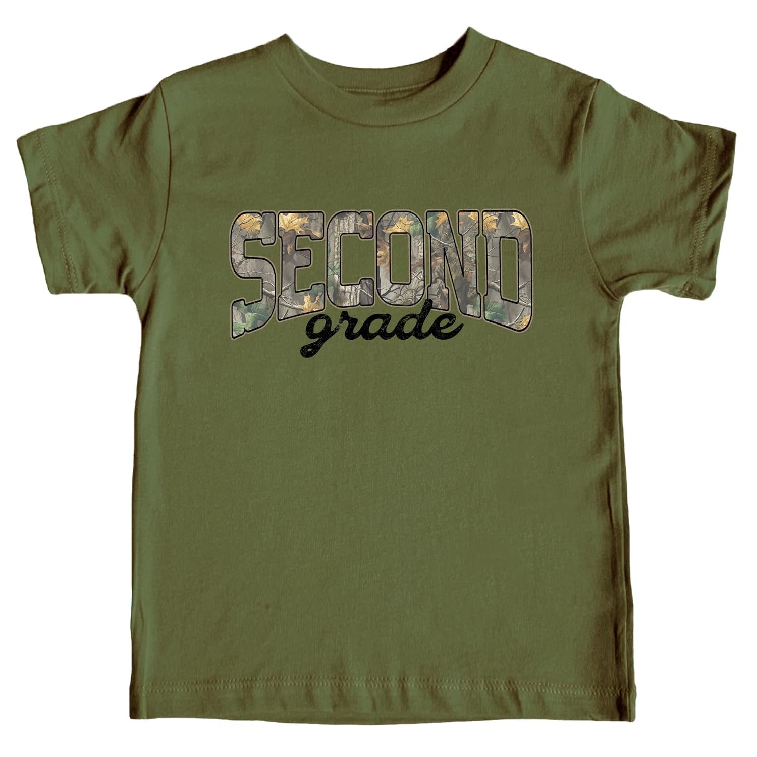 Kids second grade woodland camo graphic tee with bold SECOND grade lettering in green leaf camo print