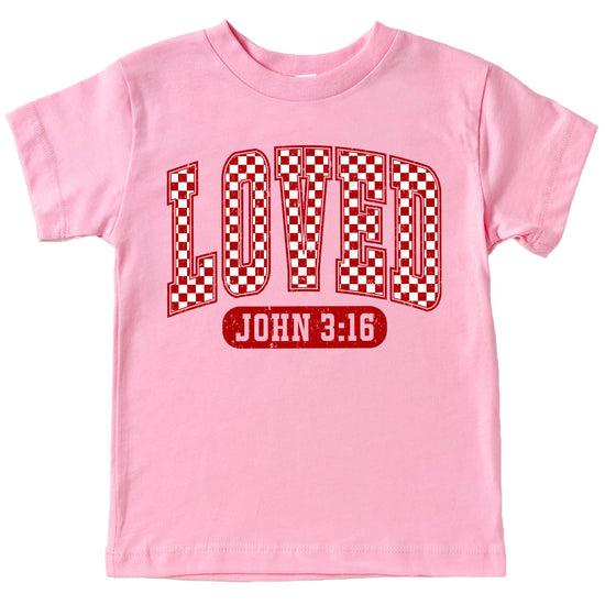 Front view of women's trendy red plaid Loved John 3:16 Valentine's Day shirt