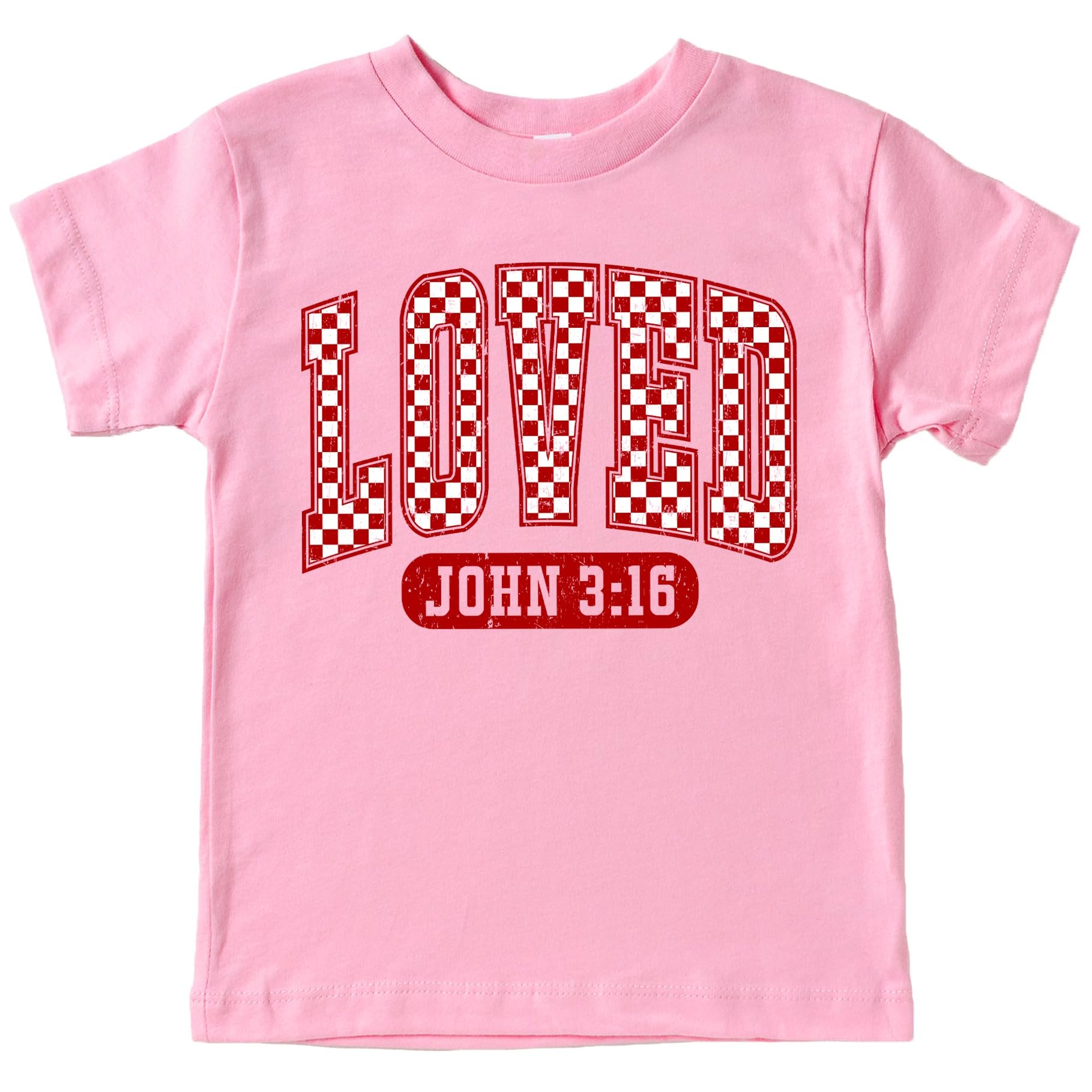 Front view of women's trendy red plaid Loved John 3:16 Valentine's Day shirt