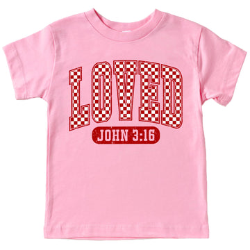 Front view of women's trendy red plaid Loved John 3:16 Valentine's Day shirt