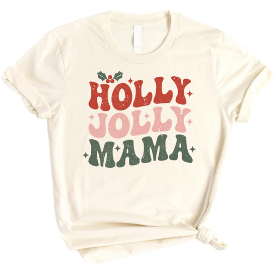 Mom and daughter wearing matching Holly Jolly Mistletoe Christmas t-shirts for holiday photos
